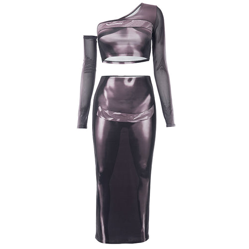 Body Printed Long Sleeve Midi Skirt Set