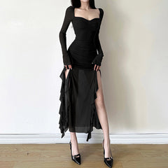 Mesh Ruffle Long Sleeve Square Collar Maxi Dress