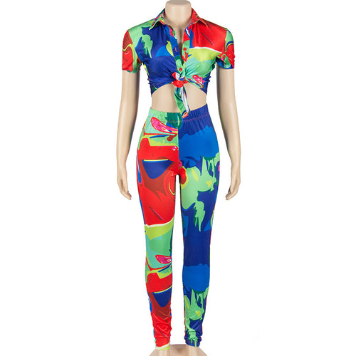 Seffani Printed Collared Shirt Legging Pant Set