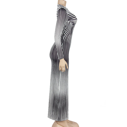 Autumn round Neck Long Sleeve Striped Print Slim Fit High Waist Maxi Dress