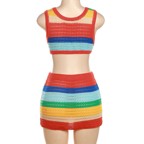 Nonstop Trippin' Crochet Sleeveless Striped Mini Skirt Set