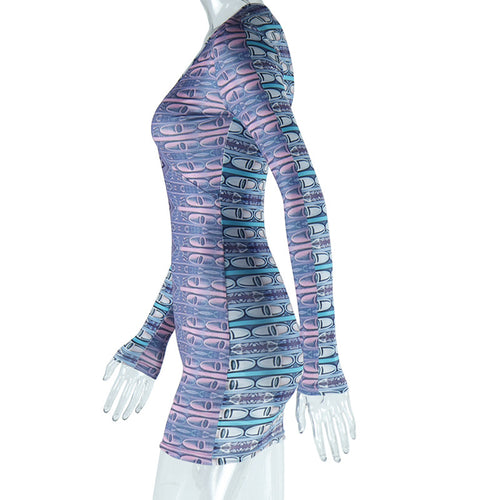 Anais Printed Plunge Neck Long Sleeve Bodycon Mini Dress