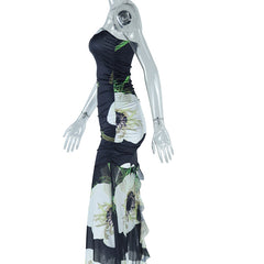 Strapless Floral Printed Ruffle Mesh Midi Dress