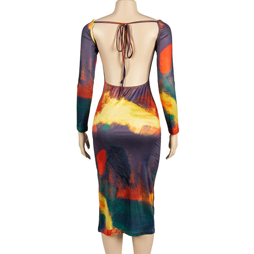 Danielle Off Shoulder Long Sleeve Backless Printed Midi Dress