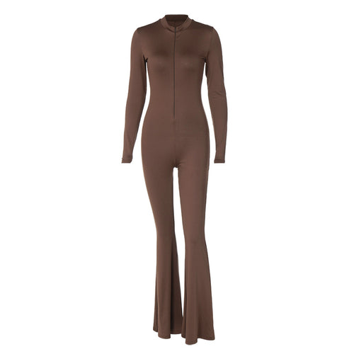 Solid Mock Neck Long Sleeve Zipper Flare Leg Jumpsuit