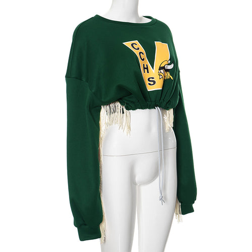 Varsity Vibe Drawstring Waist Fringe Pullover Sweatshirt