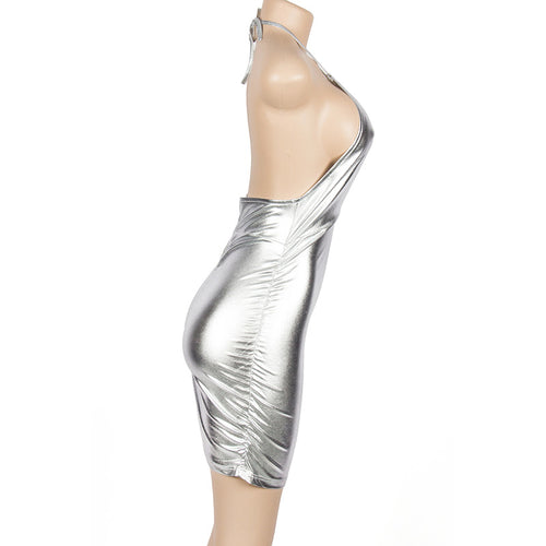 Stuntin' On You Metallic Halter Cutout Ruched Mini Dress
