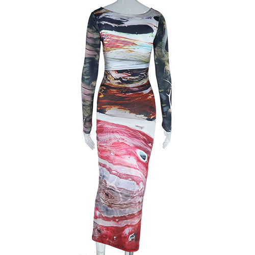 Printed Round Neck Long Sleeve Maxi Dress