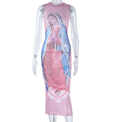 Sleeveless Printed Mesh Midi Dress