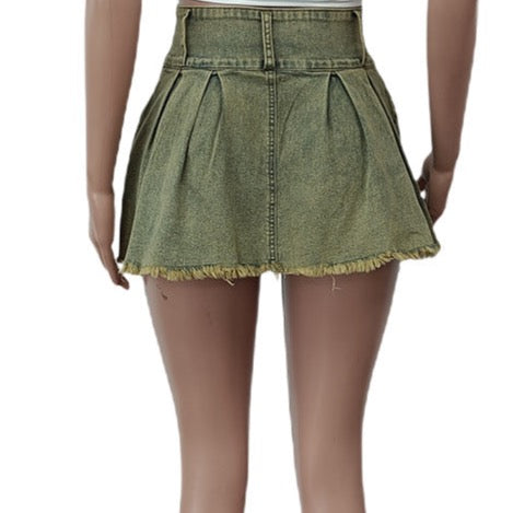 Reality Check High Waist Pleated Washed Denim Mini Skirt