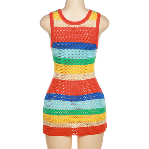 Nonstop Trippin' Crochet Sleeveless Striped Bodycon Mini Dress