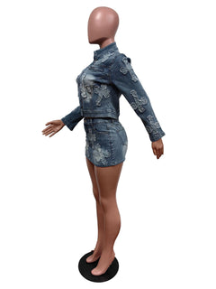 Don’t Get Crossed Up Embroidered Denim Jacket Mini Skirt Set