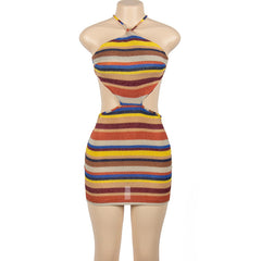 Bri Striped Backless Halter Crochet Knit Mini Dress