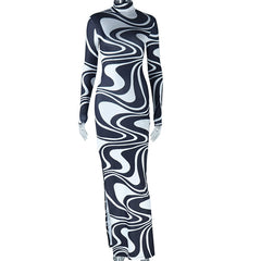 Printed High Collar Long Sleeve Maxi Dress