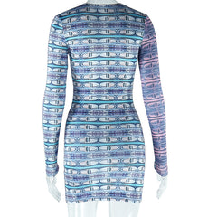 Anais Printed Plunge Neck Long Sleeve Bodycon Mini Dress