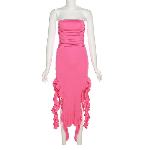 Strapless Ruffle Midi Dress