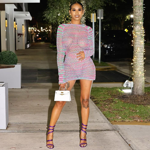 Cutie In Cabo Backless Crochet Knit Long Sleeve Mini Dress