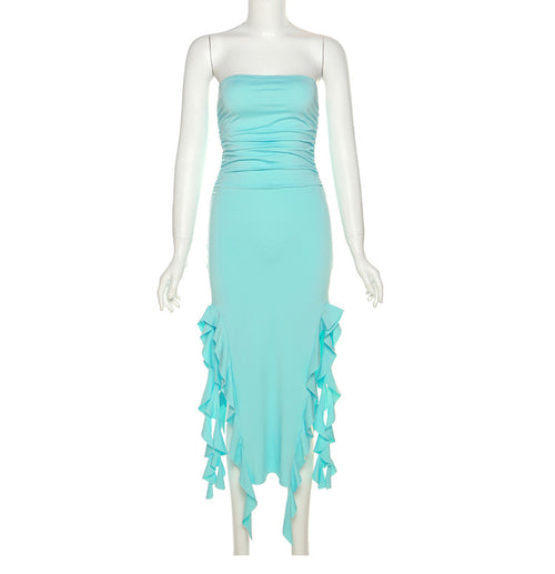 Strapless Ruffle Midi Dress