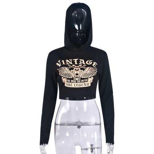 Vintage Legend Graphic Long Sleeve Hooded Crop Top