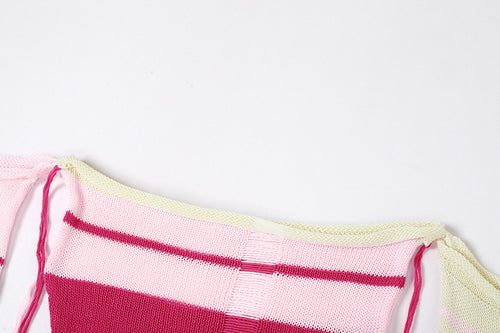 Candy Stripe Distressed Crochet Knit Short Set