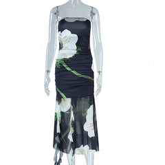 Strapless Floral Printed Ruffle Mesh Midi Dress