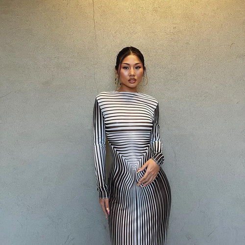 Autumn round Neck Long Sleeve Striped Print Slim Fit High Waist Maxi Dress