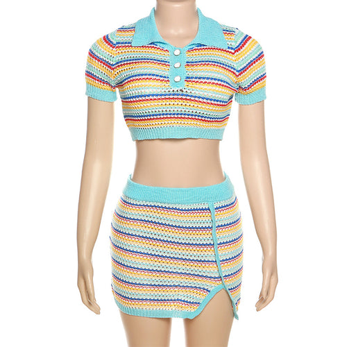 Let Me Pop Off Crochet Knit Striped Mini Skirt Set