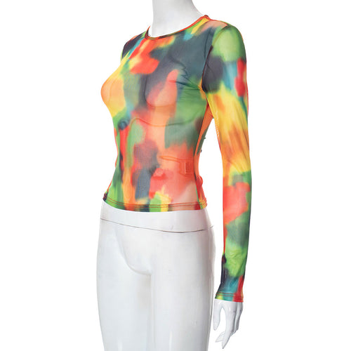 Watercolor Love Printed Mesh Long Sleeve Top