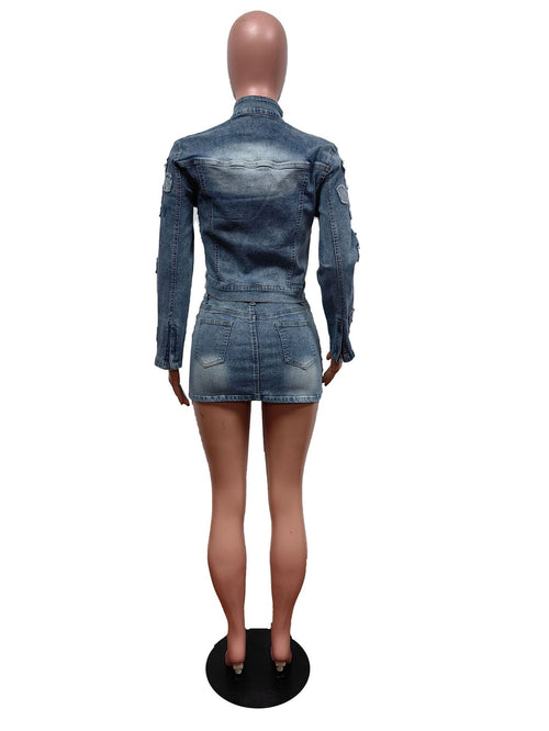 Don’t Get Crossed Up Embroidered Denim Jacket Mini Skirt Set