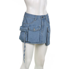 Too Slick To Handle Cargo Denim Mini Skirt (Pre-Order)