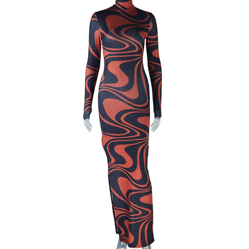 Printed High Collar Long Sleeve Maxi Dress