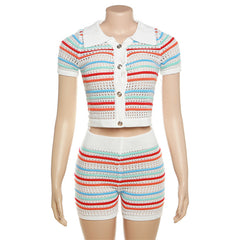 Miss Me Crochet Button Front Striped Short Set