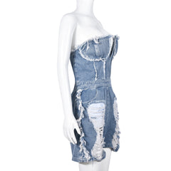 Give You A Show Studded Ripped Denim Romper