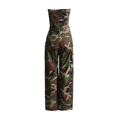 Brielle Camouflage Strapless Cargo Denim Jumpsuit