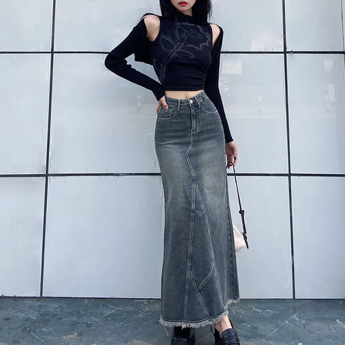 Raw Edge Denim Maxi Skirt