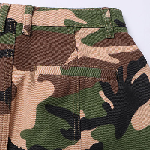 Tooling Short Skirt Unique Design Patchwork Pocket Camouflage Short Hip Hugger Skirt for Women