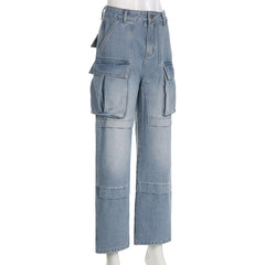 On My Block High Waist Straight Leg Denim Cargo Jeans