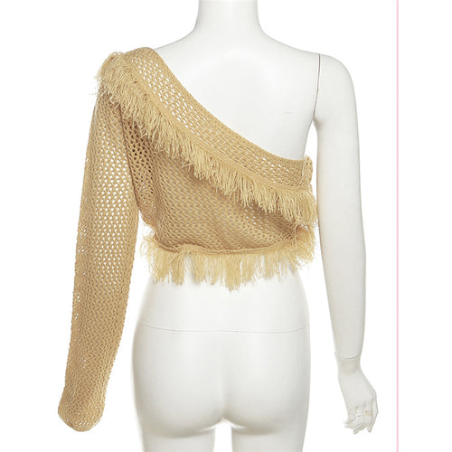 Free Soul One Shoulder Tassel Crochet Knit Cropped Sweater