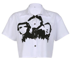 All The Faces Graphic Collared Cropped Shirt - CloudNine Fash Boutique