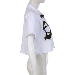 All The Faces Graphic Collared Cropped Shirt - CloudNine Fash Boutique