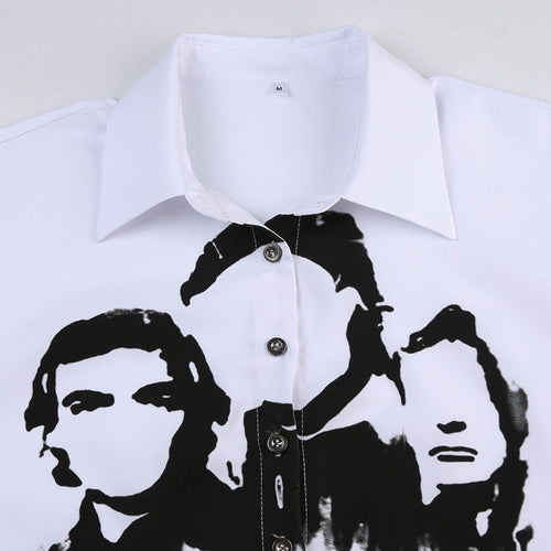 All The Faces Graphic Collared Cropped Shirt - CloudNine Fash Boutique