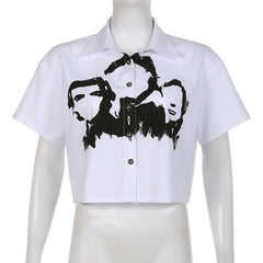 All The Faces Graphic Collared Cropped Shirt - CloudNine Fash Boutique