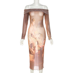 Devine Feminine Printed Mesh Off Shoulder Midi Dress - CloudNine Fash Boutique