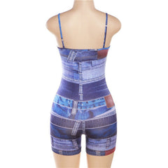 Don’t Waist My Time Denim Printed Romper - CloudNine Fash Boutique