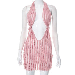 Girls Night Plunge Halter Ruffle Backless Mini Dress - CloudNine Fash Boutique