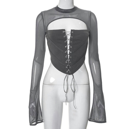 Let's Mesh Around Long Sleeve Corset Crop Top - CloudNine Fash Boutique