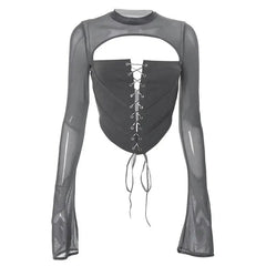 Let's Mesh Around Long Sleeve Corset Crop Top - CloudNine Fash Boutique