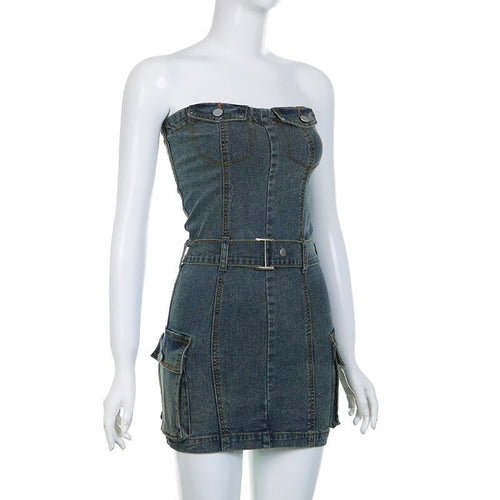 Nia Belted Denim Strapless Mini Dress - CloudNine Fash Boutique