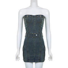 Nia Belted Denim Strapless Mini Dress - CloudNine Fash Boutique