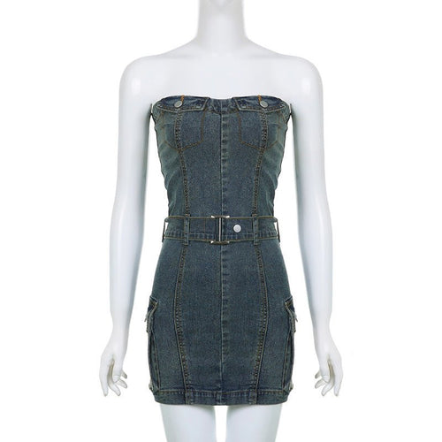 Nia Belted Denim Strapless Mini Dress - CloudNine Fash Boutique